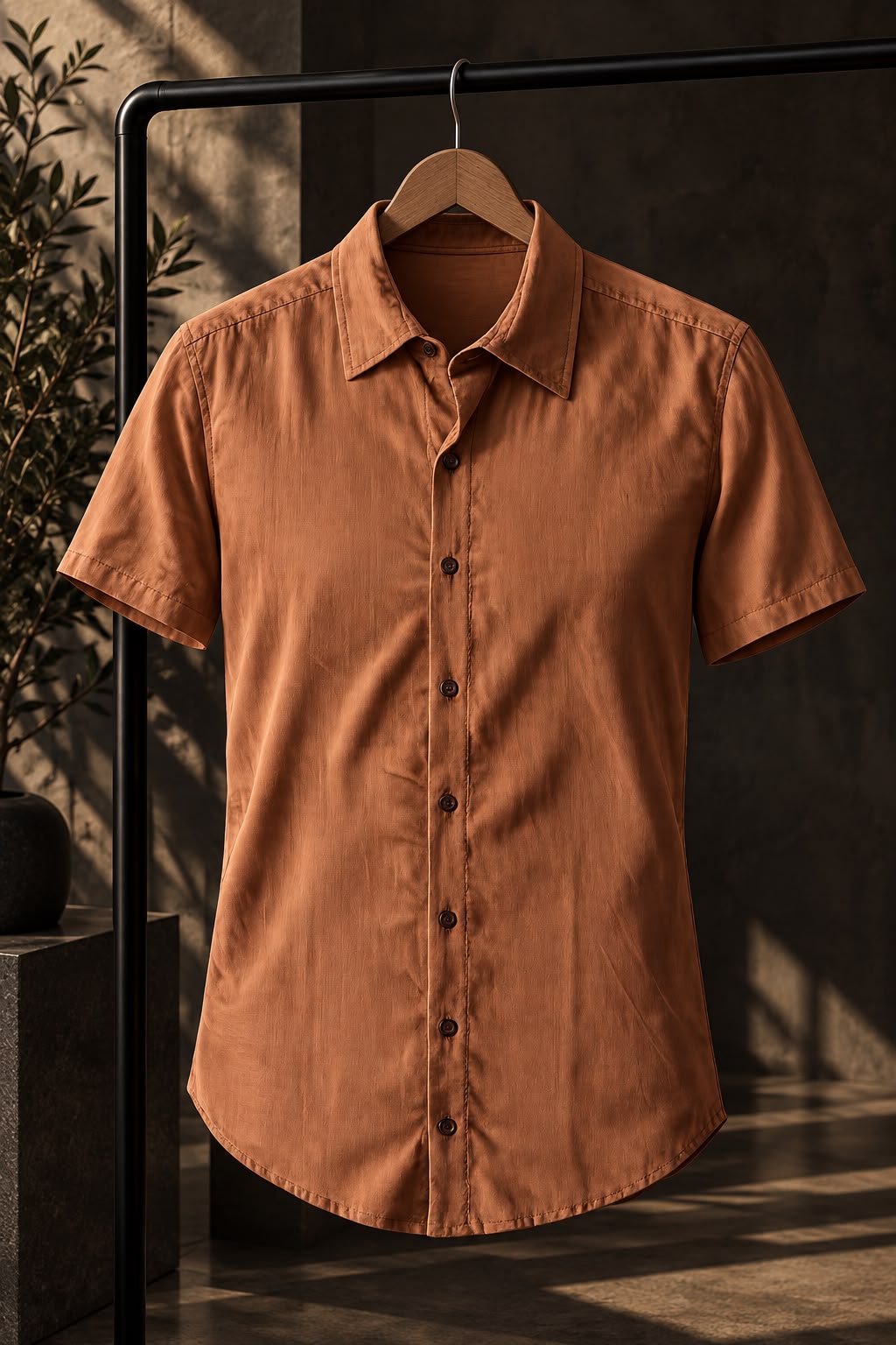 Camisa de lino y algodón terracota de manga corta para hombre, colgada en percha
