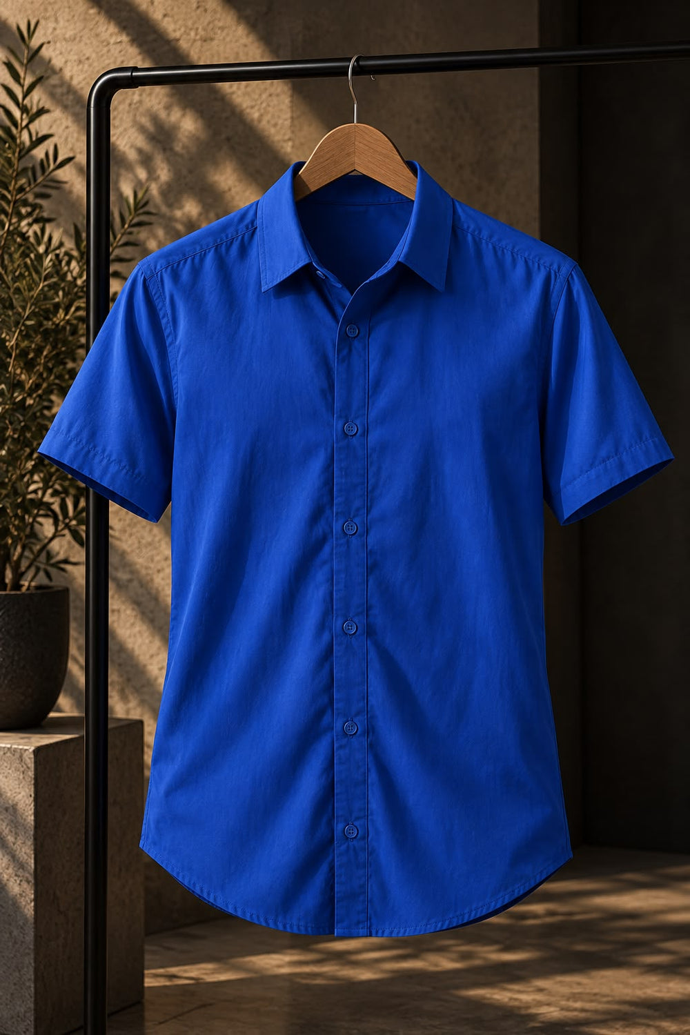 Camisa de lino y algodón azul de manga corta para hombre, colgada en percha