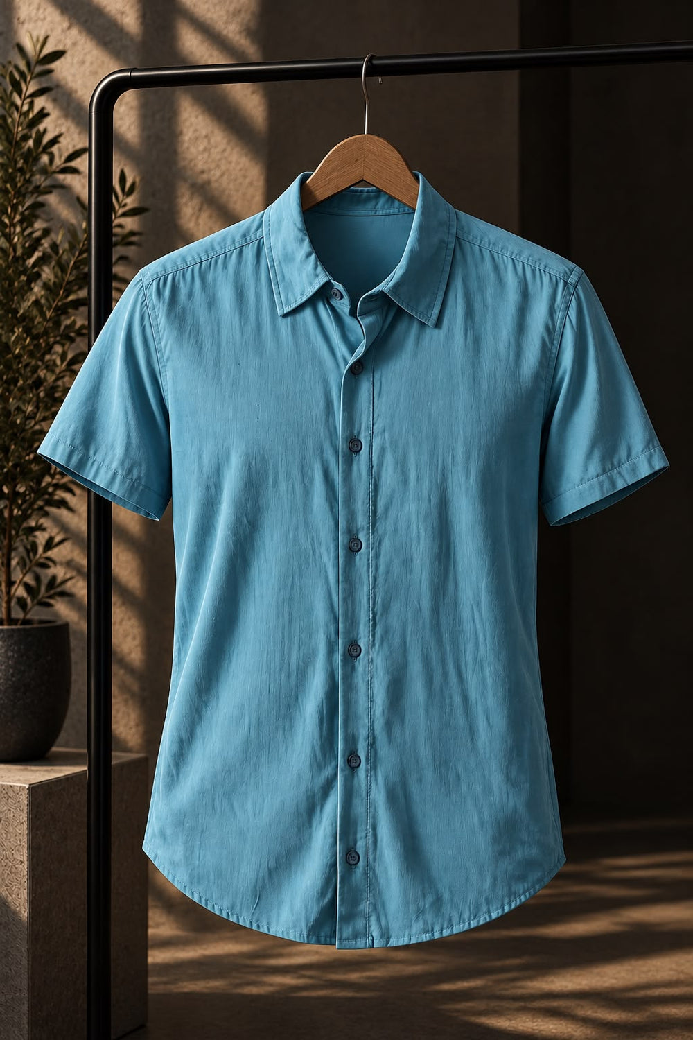 Camisa de lino y algodón celeste de manga corta para hombre, colgada en percha