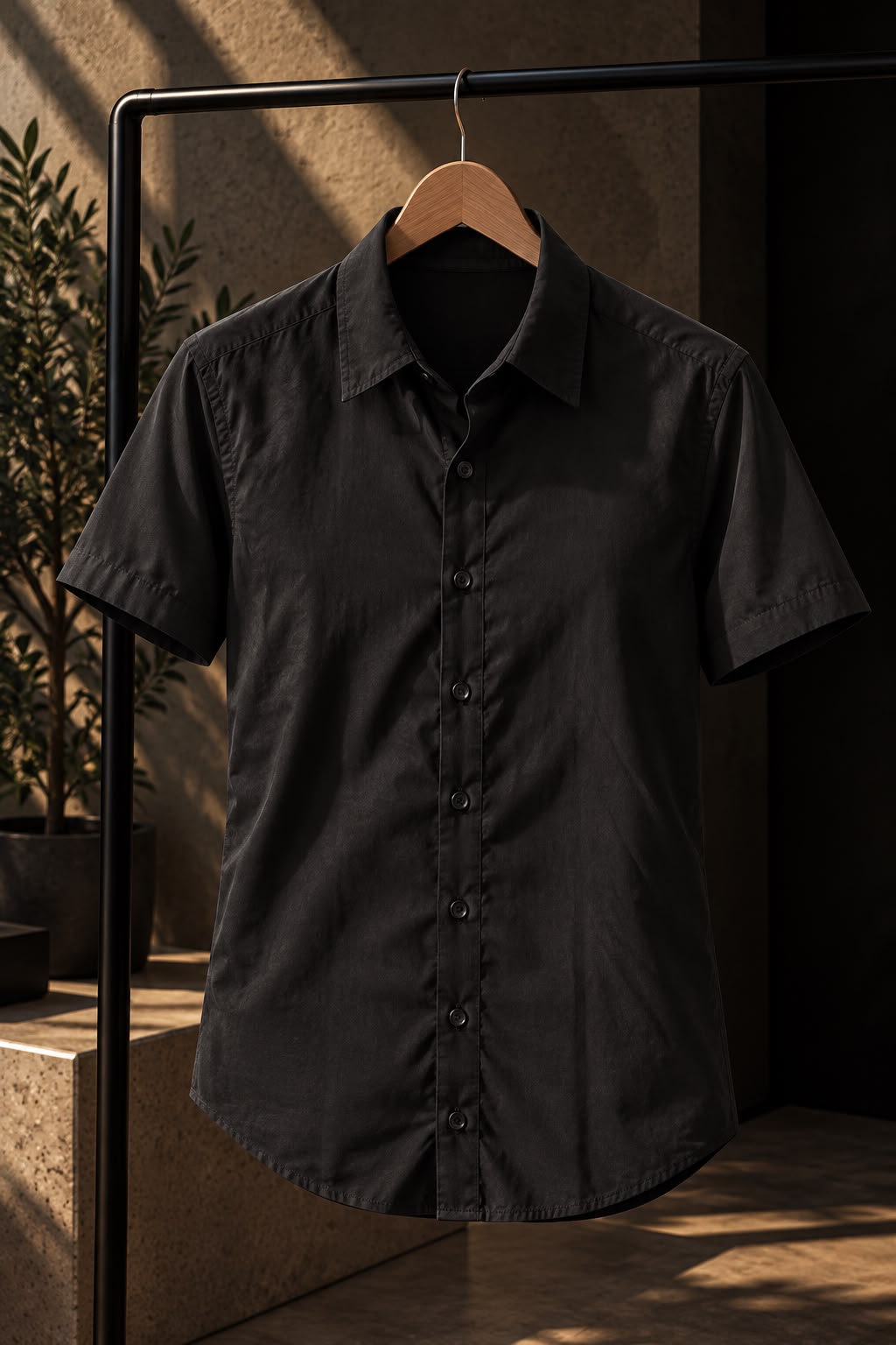 Camisa de lino y algodón negra de manga corta para hombre, colgada en percha