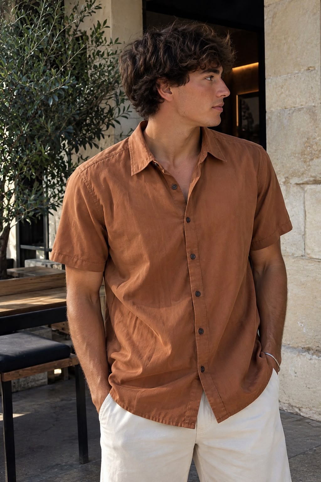 Hombre usando la camisa de lino y algodón terracota con pantalón claro