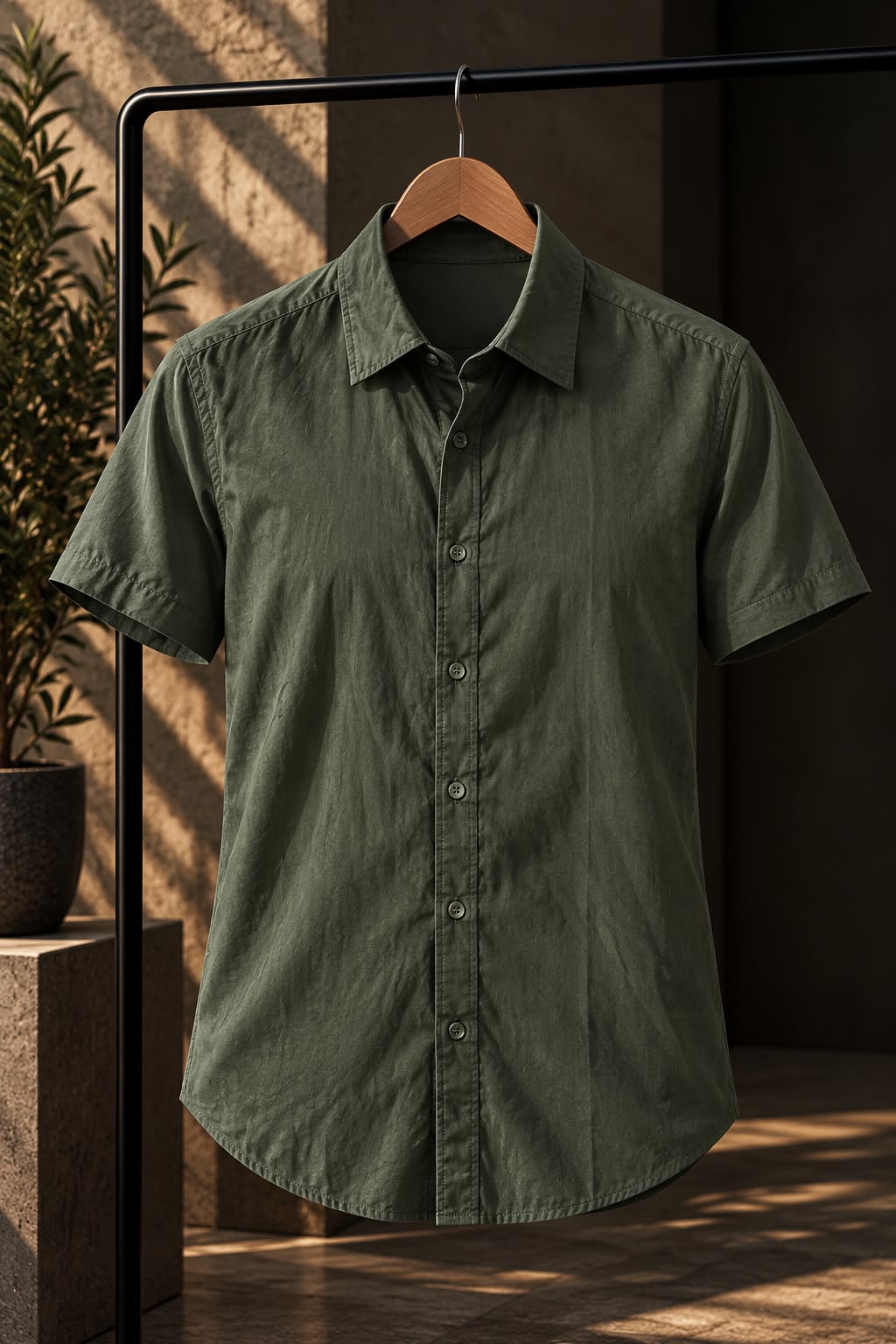 Camisa de lino y algodón verde de manga corta para hombre, colgada en percha