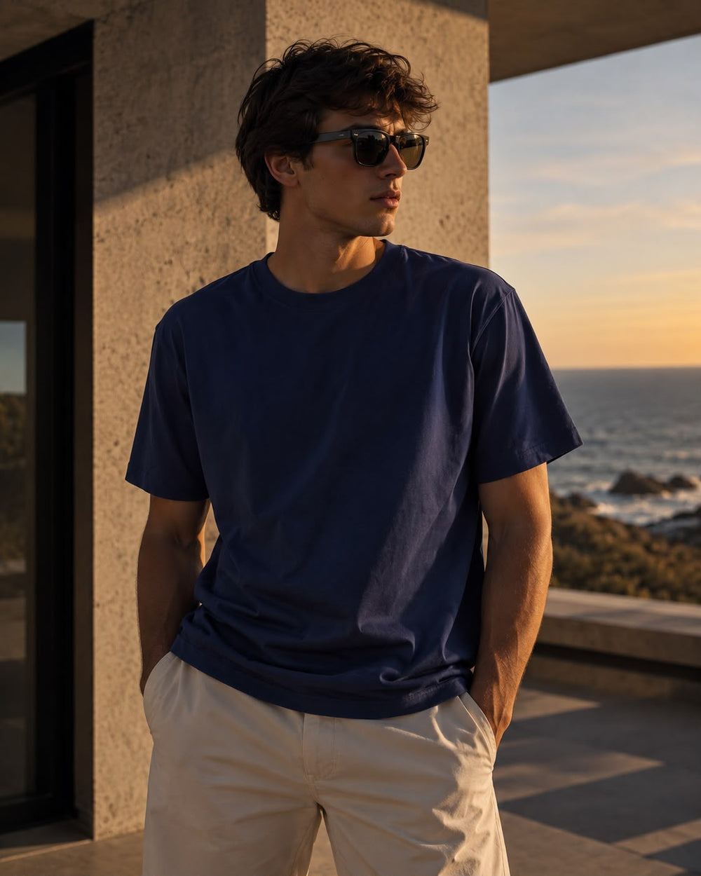 Hombre con remera básica azul, pantalón claro y lentes de sol frente al mar