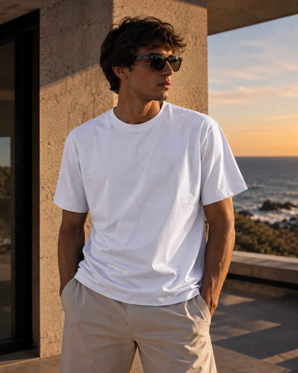 Hombre con remera básica blanca, pantalón claro y lentes de sol frente al mar