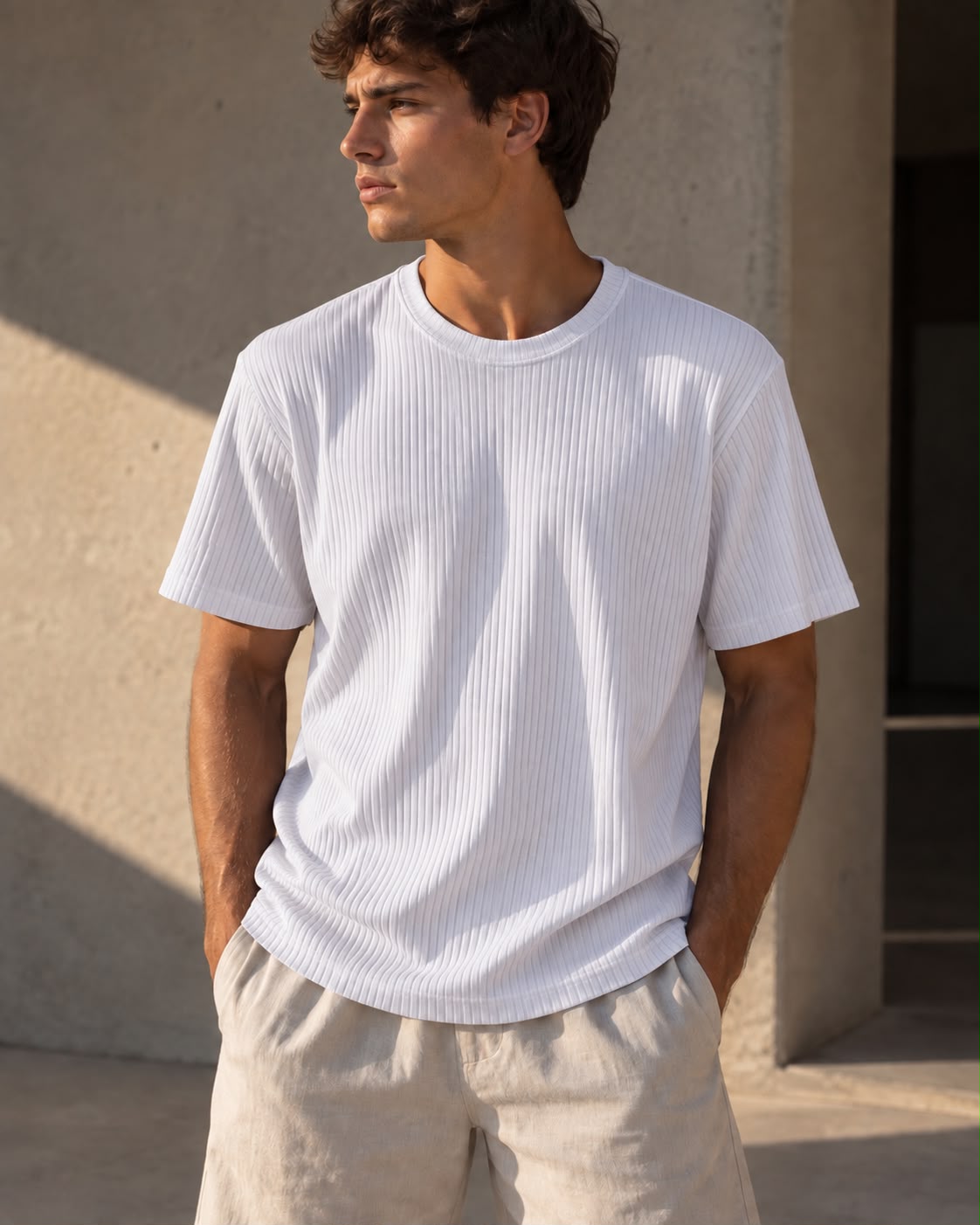 Hombre usando la remera acanalada blanca con pantalón claro