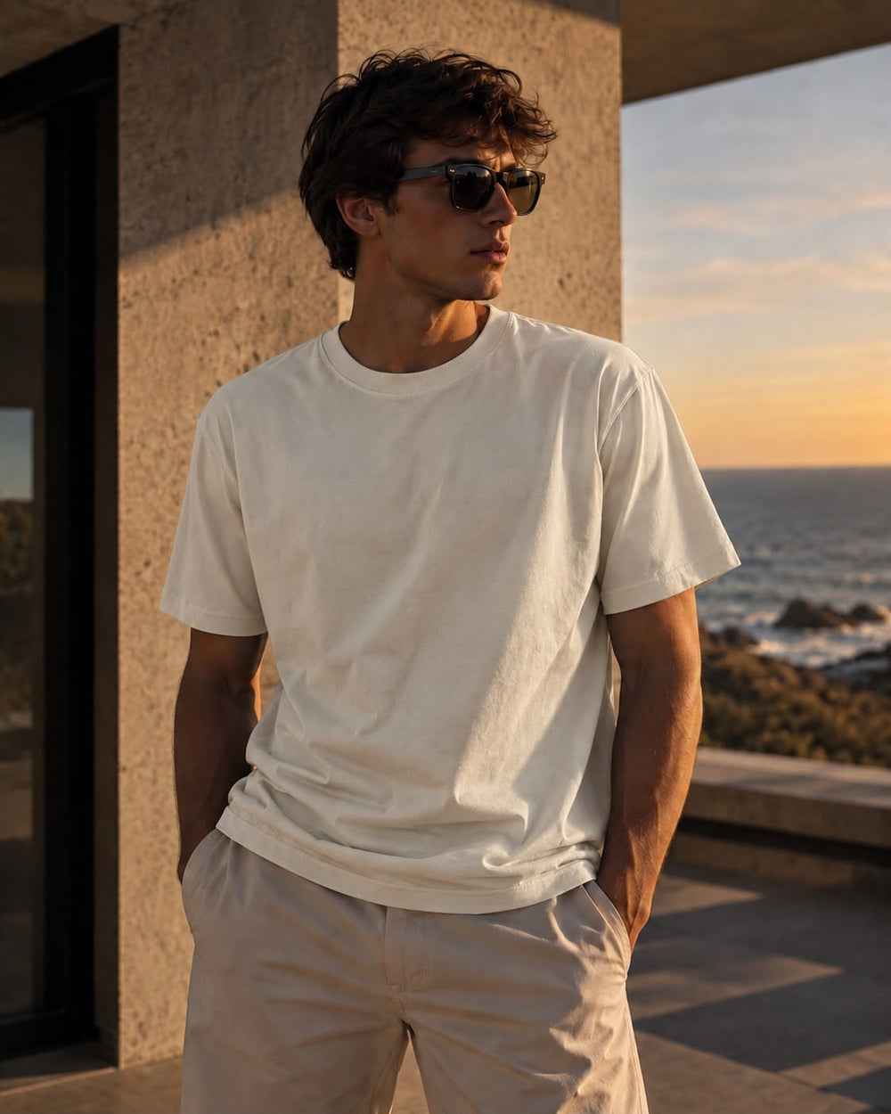 Hombre con remera básica manteca, pantalón claro y lentes de sol frente al mar
