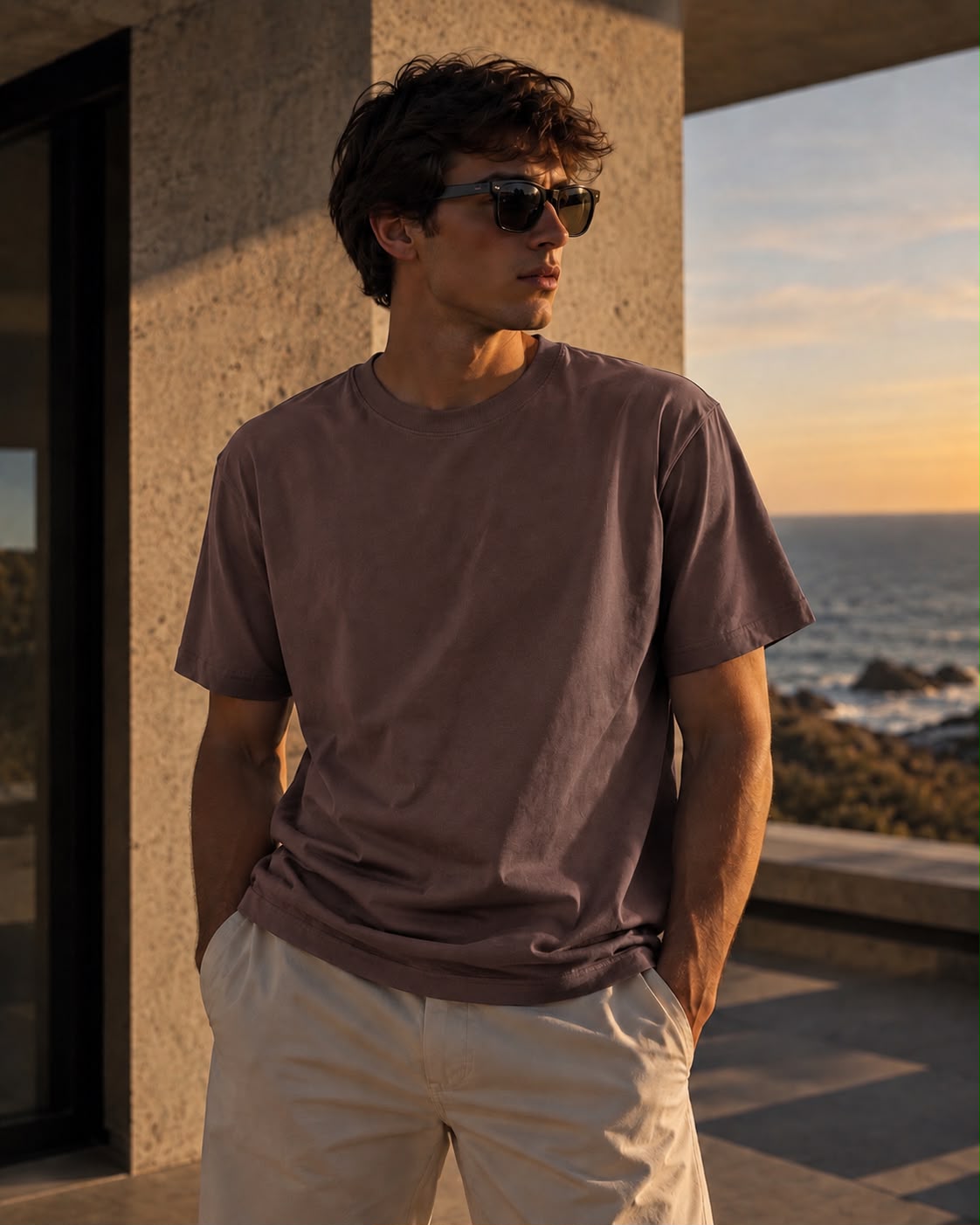 Hombre con remera básica marrón, pantalón claro y lentes de sol frente al mar