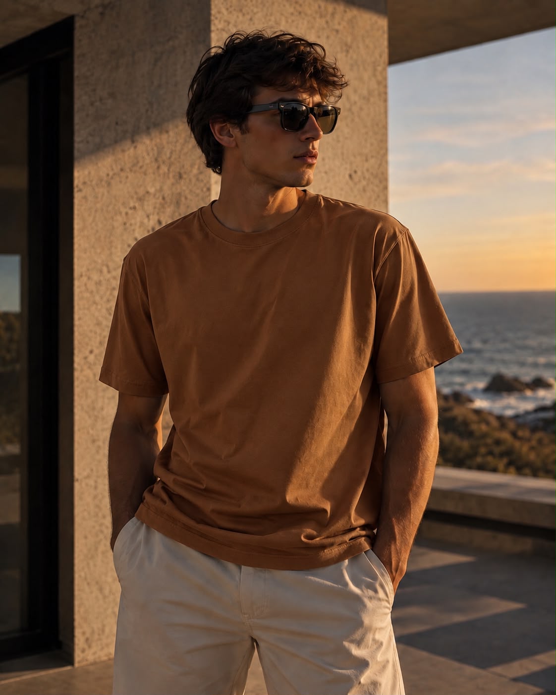 Hombre con remera básica mostaza, pantalón claro y lentes de sol frente al mar