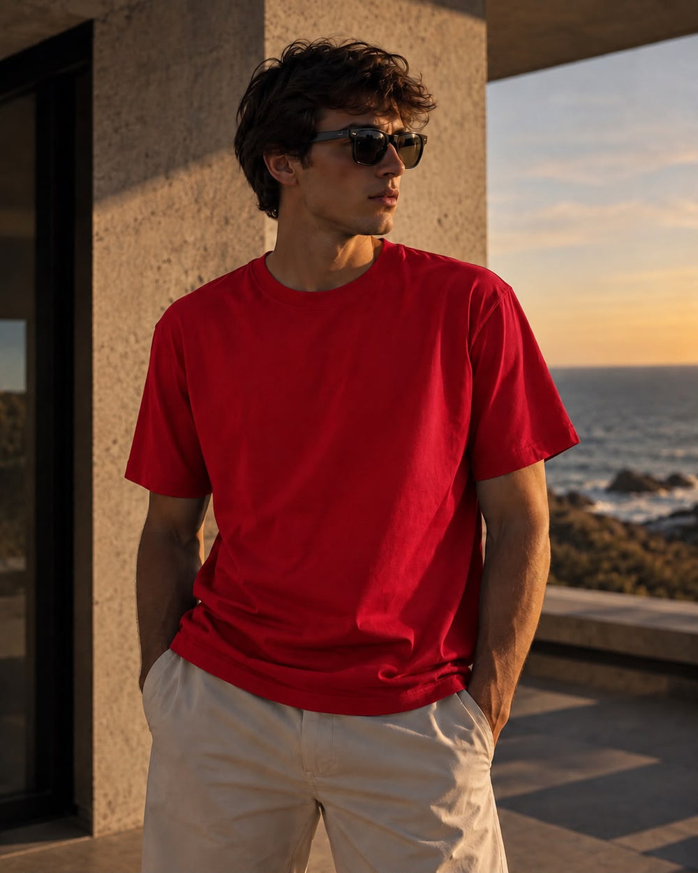 Hombre con remera básica roja, pantalón claro y lentes de sol frente al mar