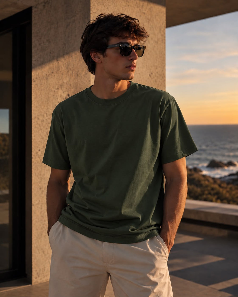Hombre con remera básica verde, pantalón claro y lentes de sol frente al mar