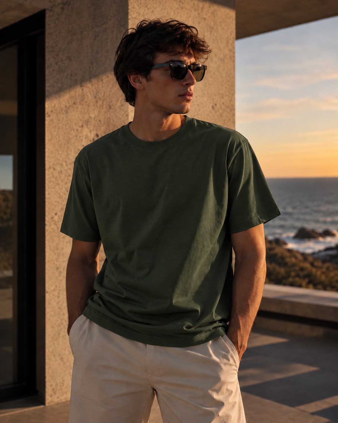 Hombre con remera básica verde, pantalón claro y lentes de sol frente al mar