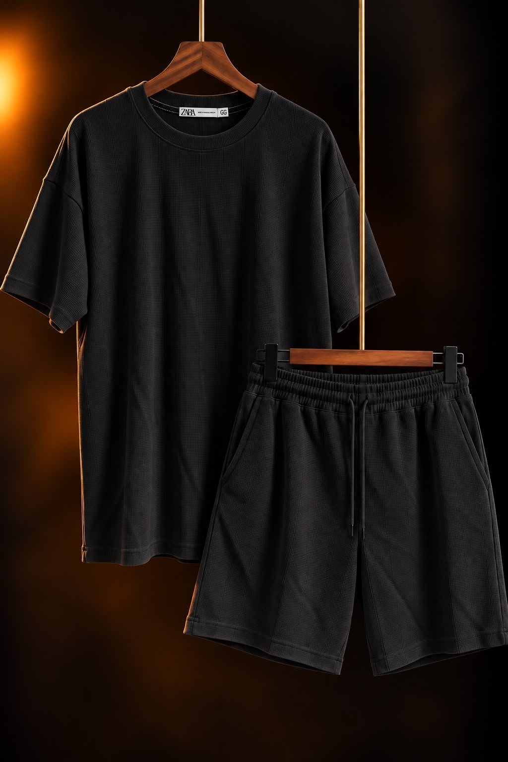Conjunto de remera y short negro para hombre colgado en perchas
