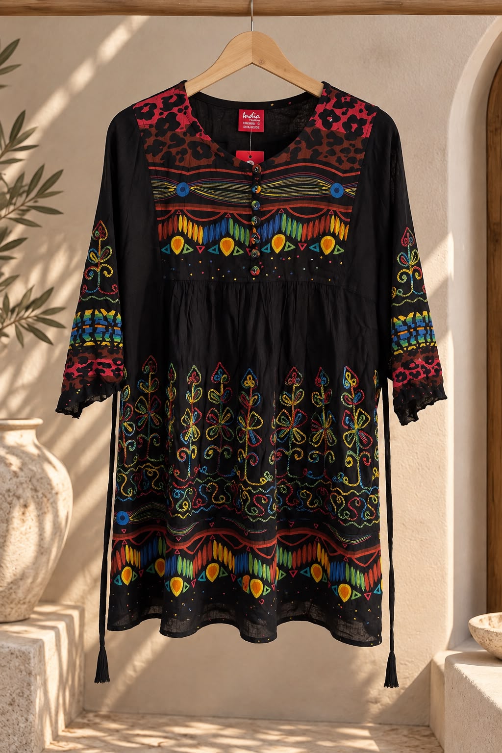 Vestido corto negro con bordados de colores, colgado en percha