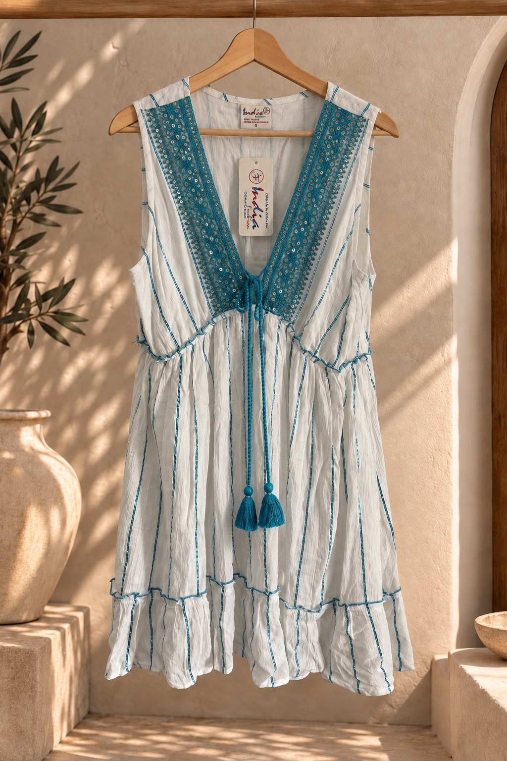 Vestido corto blanco con rayas celestes y escote en V bordado, colgado en percha