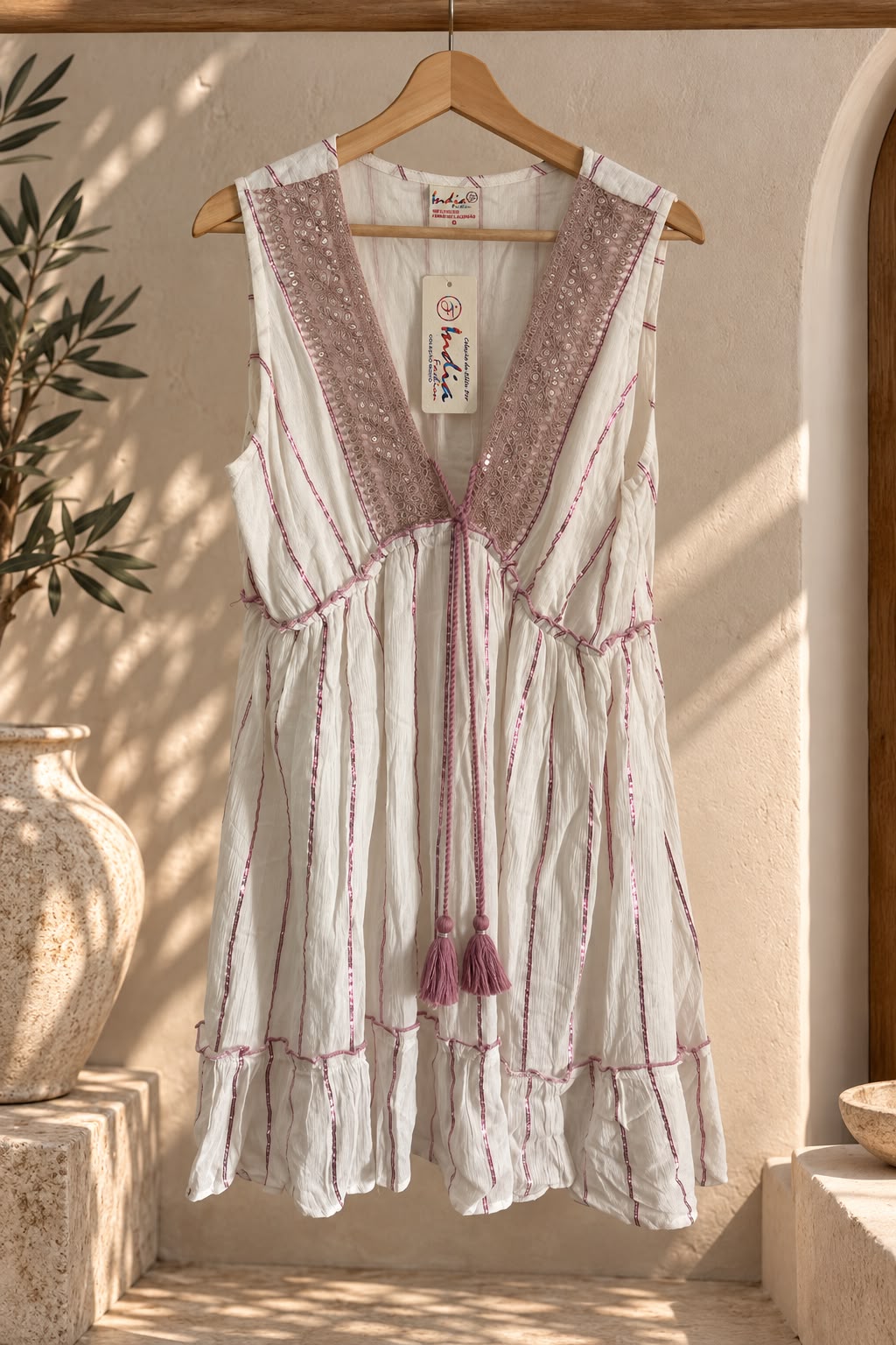 Vestido corto blanco con rayas rosa y escote en V bordado, colgado en percha